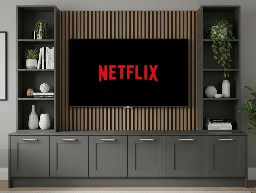 Media Wall Entertainment Base & Double Shelving Unit - For Up to 100" TVs 5 - Online Bedrooms