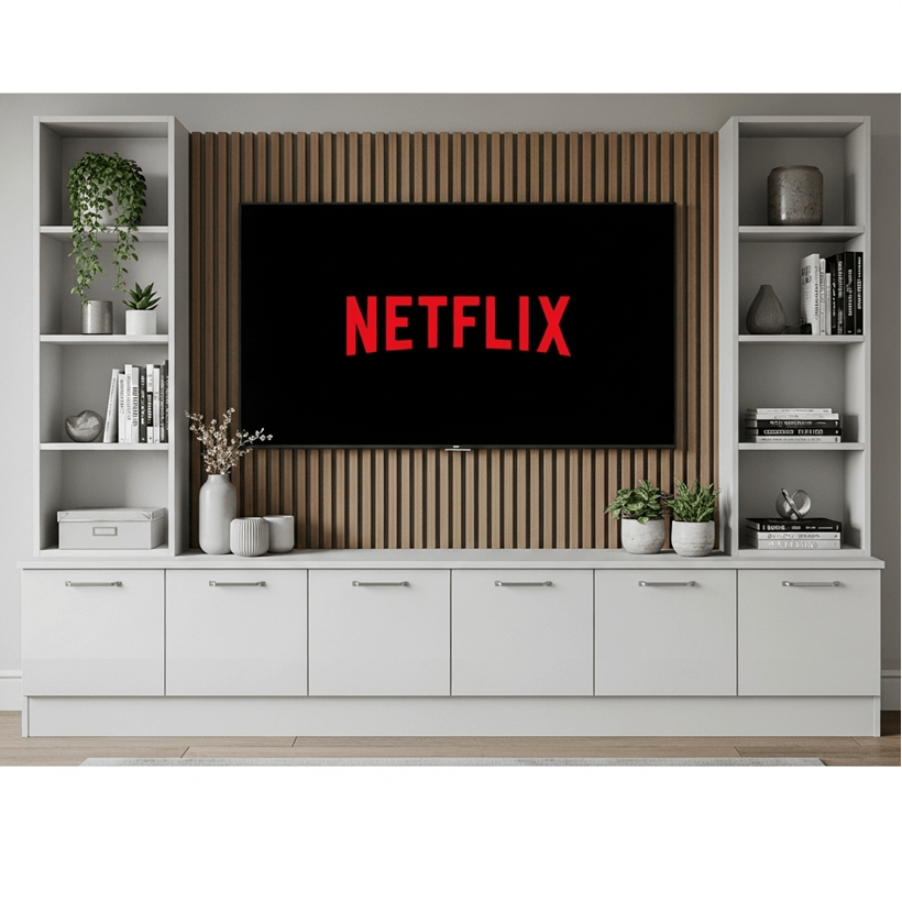 Media Wall Entertainment Base & Double Shelving Unit - For Up to 100" TVs 7 - Online Bedrooms