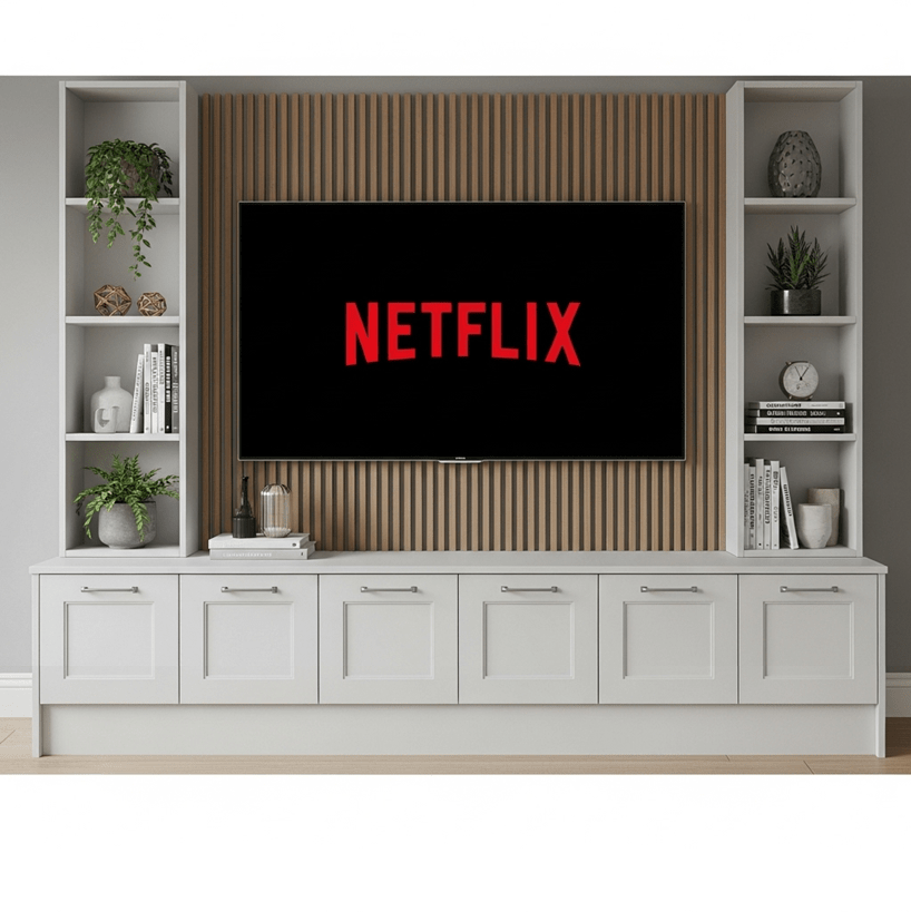 Media Wall Entertainment Base & Double Shelving Unit - For Up to 100" TVs 6 - Online Bedrooms