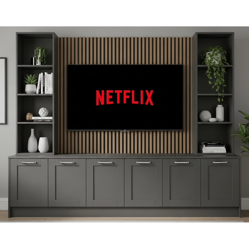 Media Wall Entertainment Base & Double Shelving Unit - Up to 100" TVs 1 - Online Bedrooms