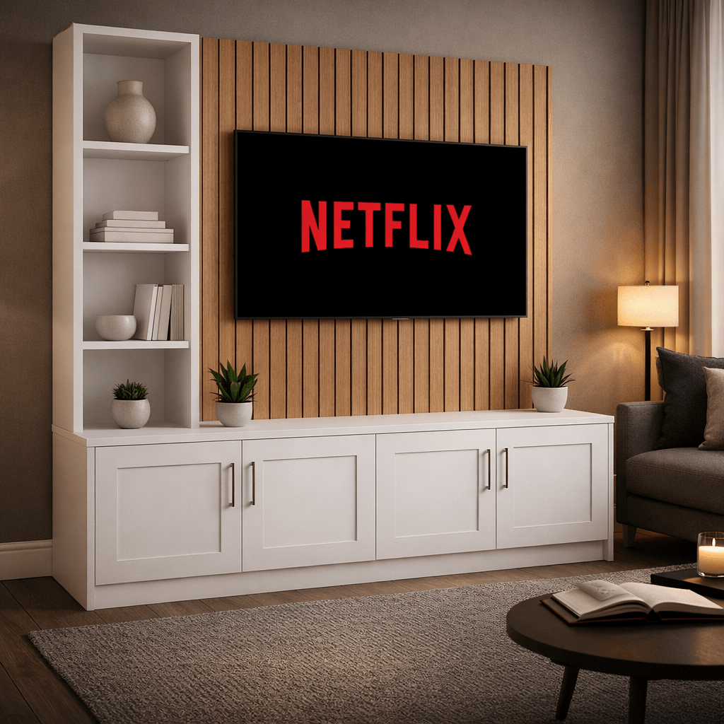 Media Wall Entertainment Shaker Door Base Unit - Left Hand Shelving - For Up to 130" TVs 1 - Online Bedrooms