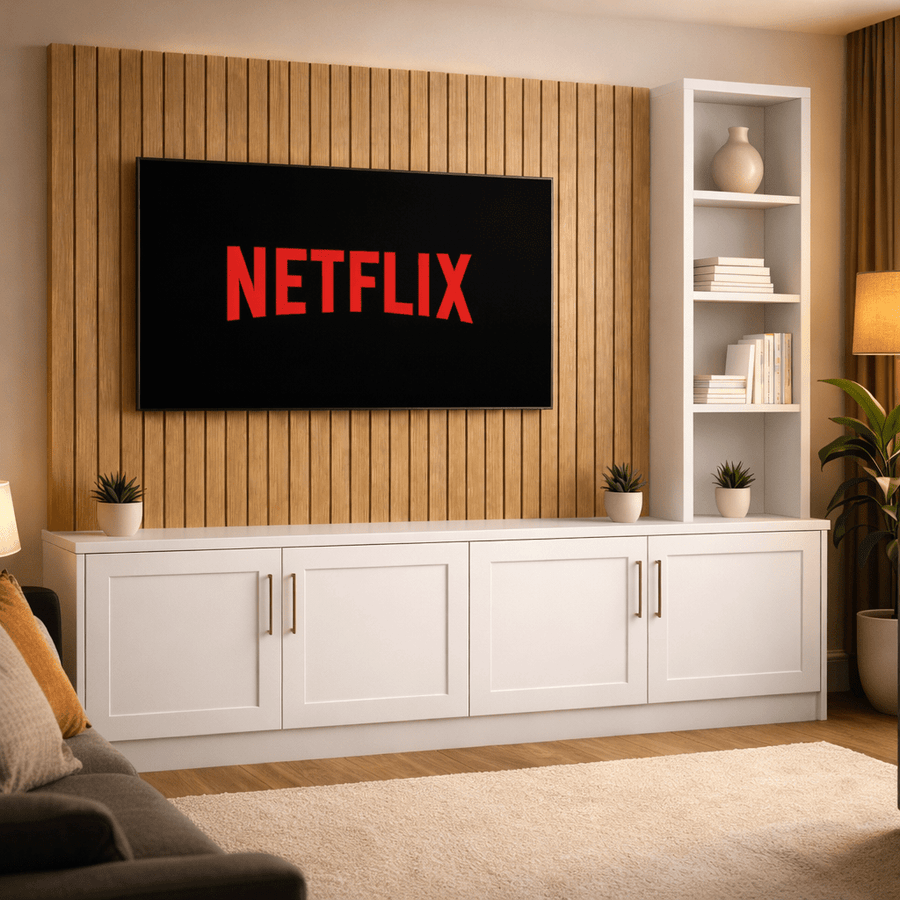 Media Wall Entertainment Shaker Door Base Unit - Right Hand Shelving - For Up to 130" TVs 1 - Online Bedrooms