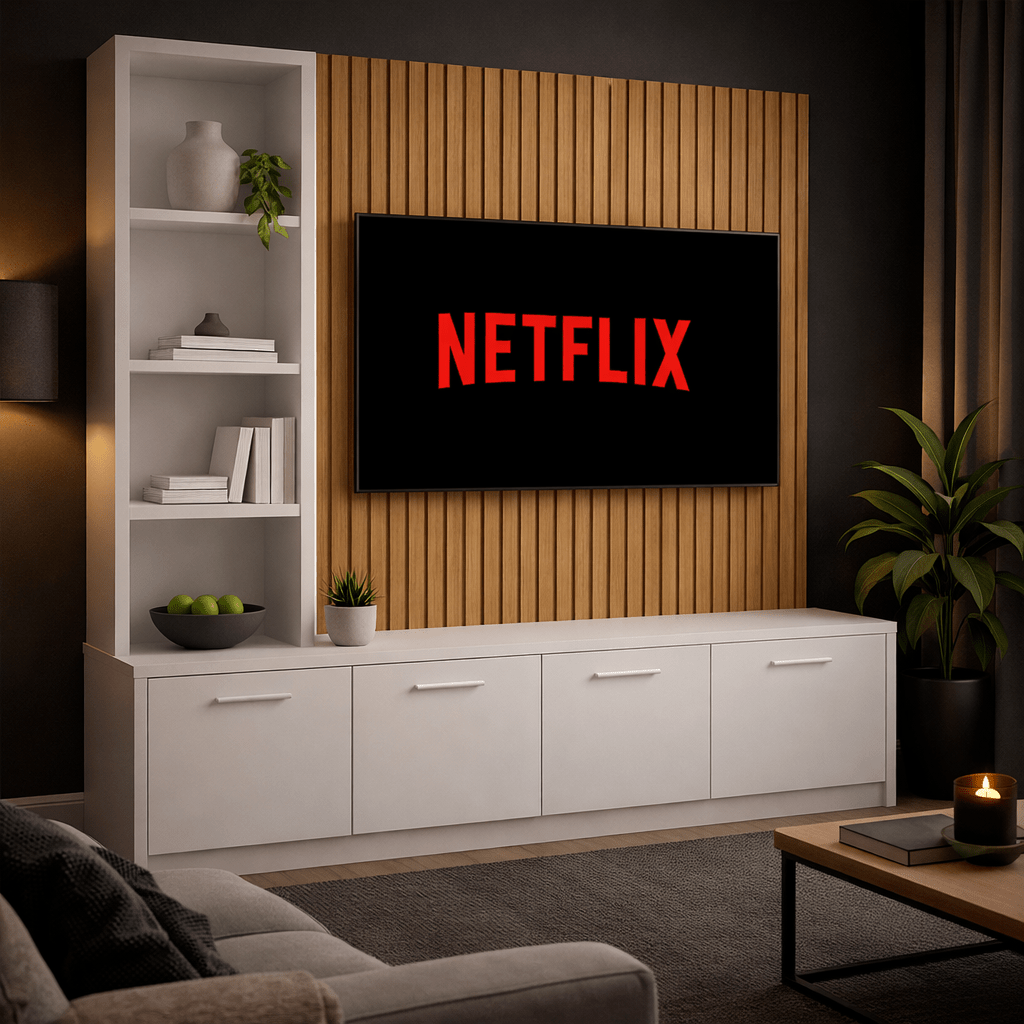 Media Wall Entertainment Smooth Door Base Unit - Left Hand Shelving - For Up to 130" TVs 1 - Online Bedrooms