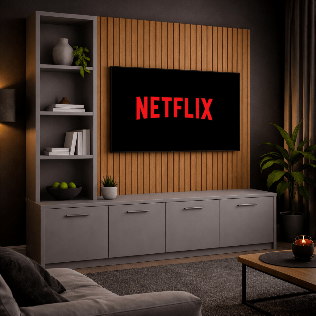 Media Wall Entertainment Smooth Door Base Unit - Left Hand Shelving - For Up to 130" TVs 4 - Online Bedrooms