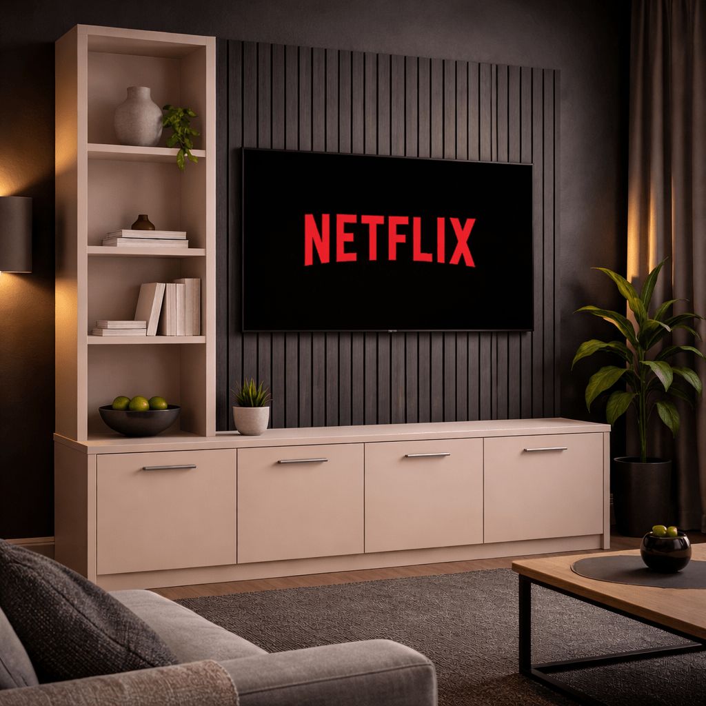 Media Wall Entertainment Smooth Door Base Unit - Left Hand Shelving - For Up to 130" TVs 2 - Online Bedrooms