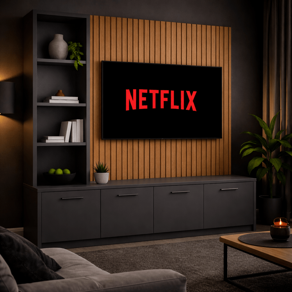 Media Wall Entertainment Smooth Door Base Unit - Left Hand Shelving - For Up to 130" TVs 3 - Online Bedrooms