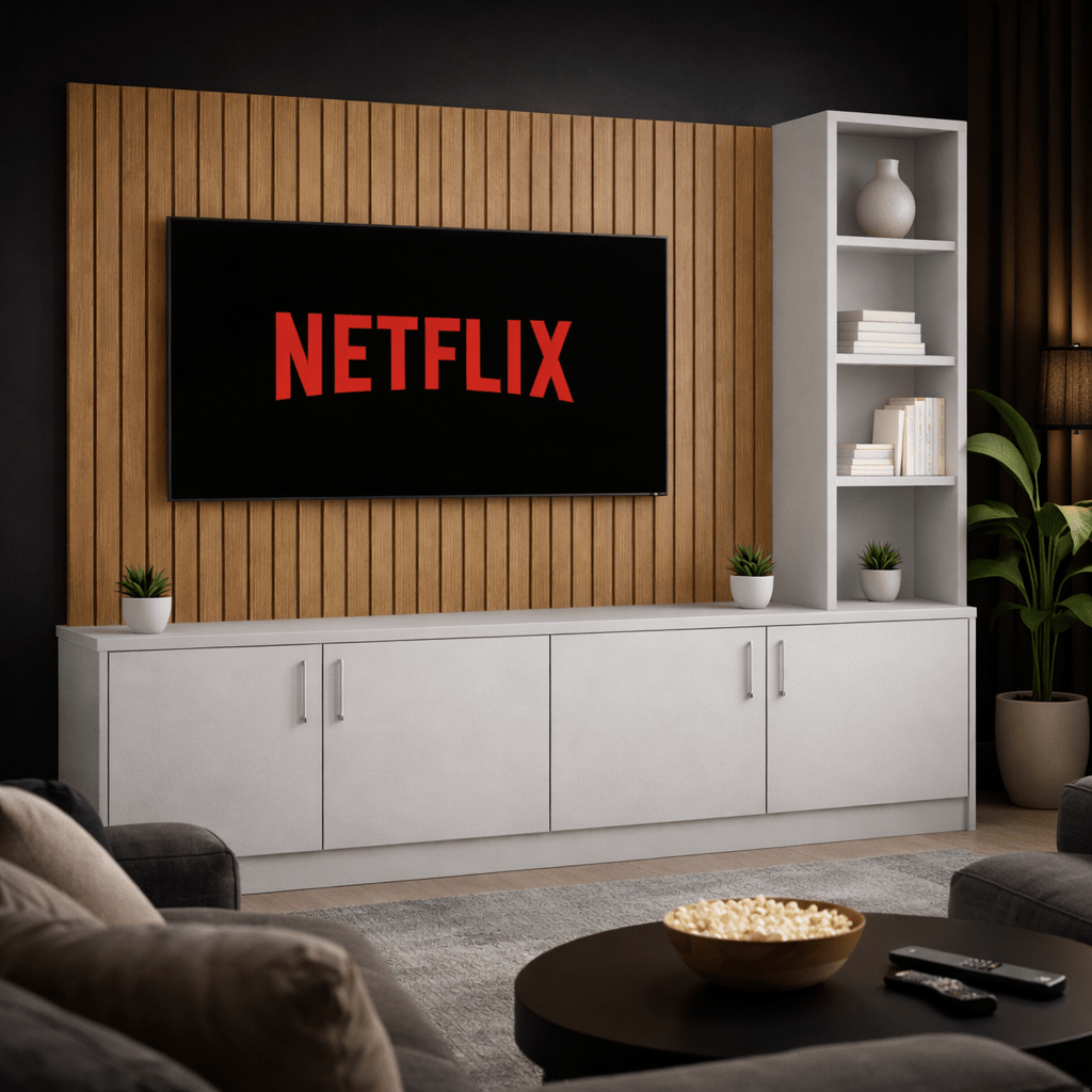 Media Wall Entertainment Smooth Door Base Unit - Right Hand Shelving - For Up to 130" TVs 1 - Online Bedrooms