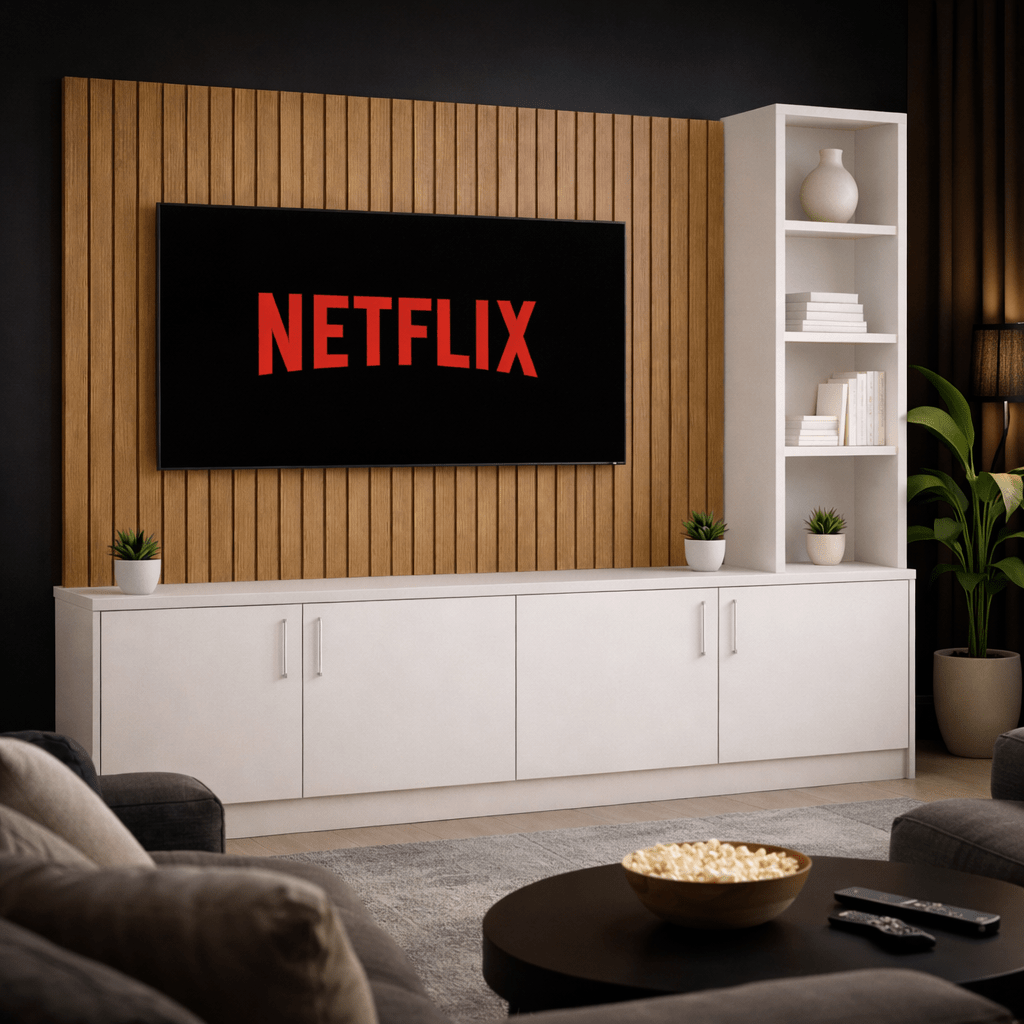 Media Wall Entertainment Smooth Door Base Unit - Right Hand Shelving - For Up to 130" TVs 6 - Online Bedrooms