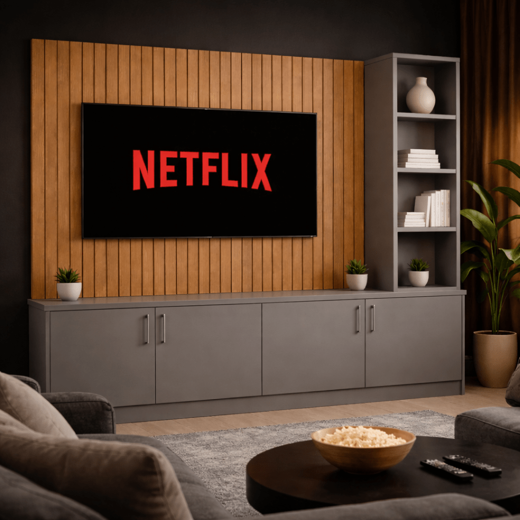 Media Wall Entertainment Smooth Door Base Unit - Right Hand Shelving - For Up to 130" TVs 3 - Online Bedrooms