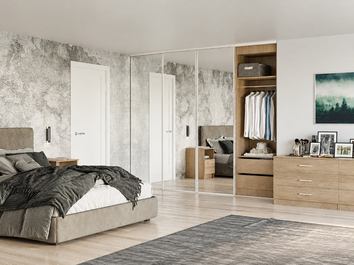 Mirrored sliding wardrobes with Natural Nebraska Oak storage and matching chest