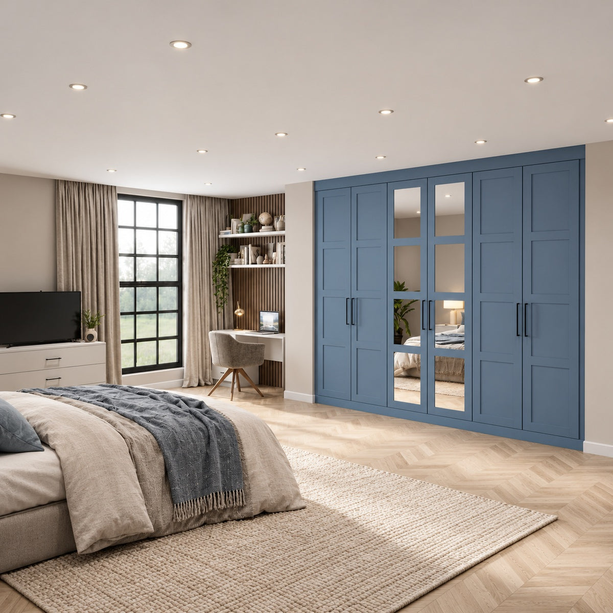 Matt Harbour Blue four-panel Shaker fitted wardrobes with mirrored central doors