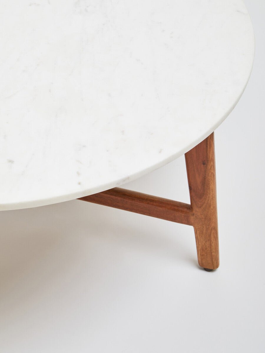 Myan Natural Acacia Wood and White Marble Round Coffee Table 20 - Online Bedrooms