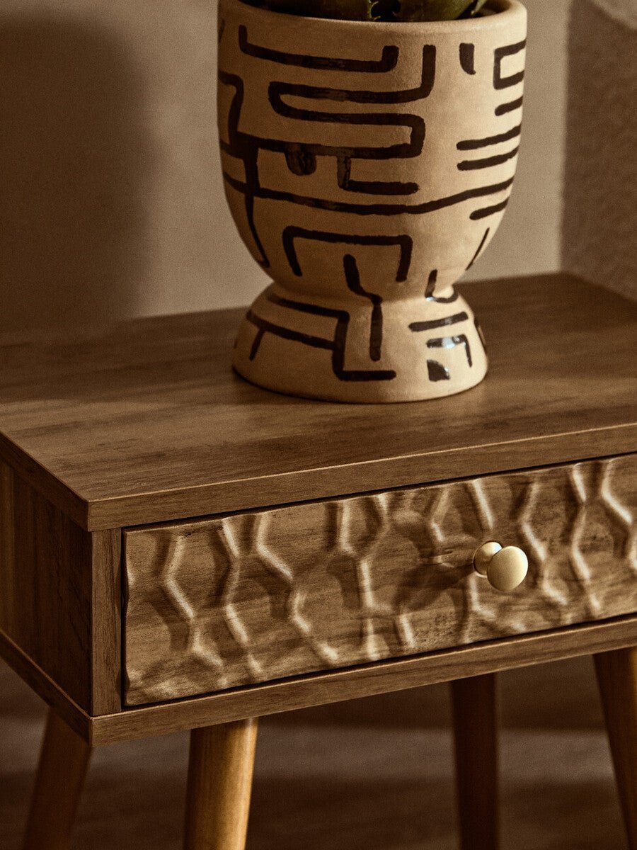 Natural Brown Wood Effect Bedside Table with 1 Drawer and Angular Legs, Frida 7 - Online Bedrooms