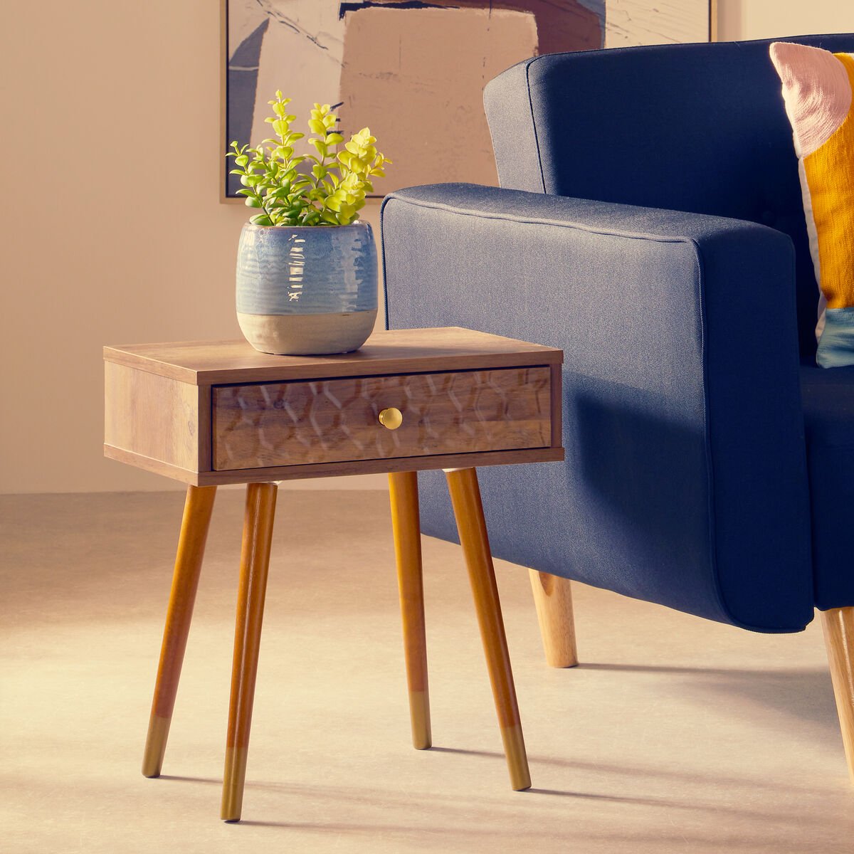 Natural Brown Wood Effect Bedside Table with 1 Drawer and Angular Legs, Frida 1 - Online Bedrooms
