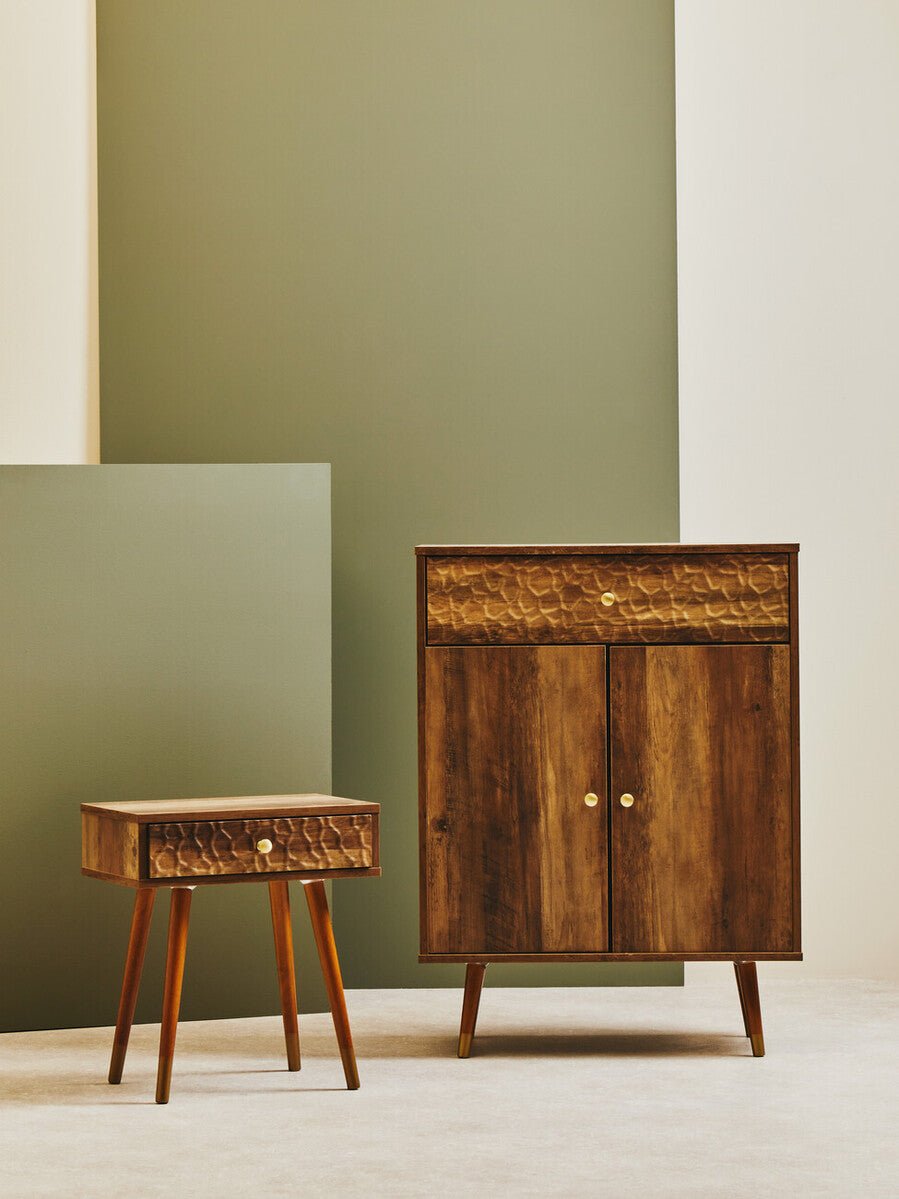 Natural Brown Wood Effect Bedside Table with 1 Drawer and Angular Legs, Frida 8 - Online Bedrooms