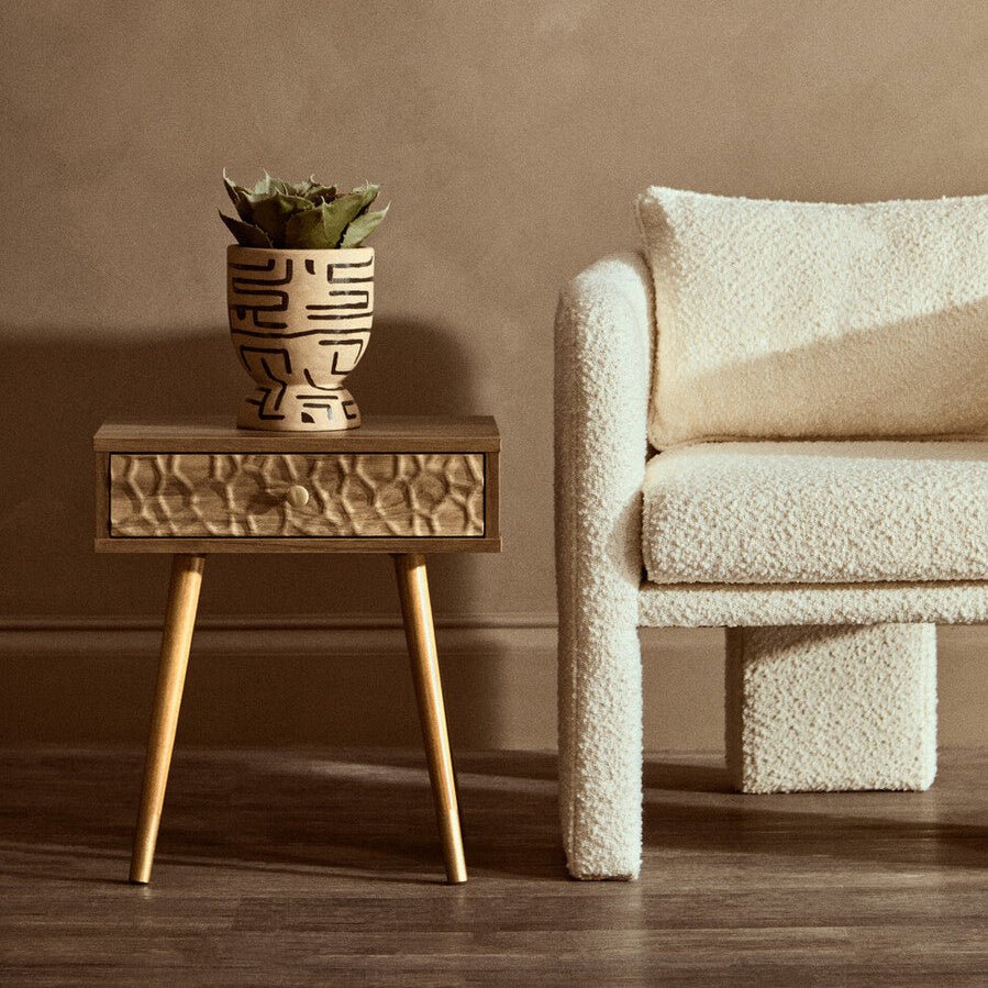 Natural Brown Wood Effect Bedside Table with 1 Drawer and Angular Legs, Frida 5 - Online Bedrooms