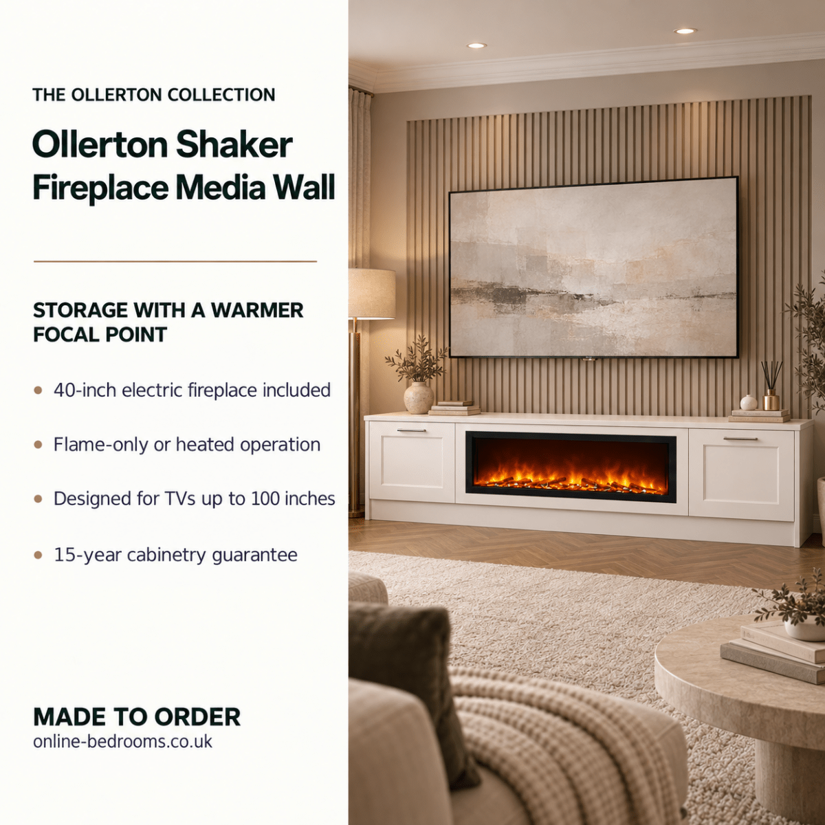 Ollerton Shaker Fireplace Media Wall Unit - 40" Fire 2 - Online Bedrooms