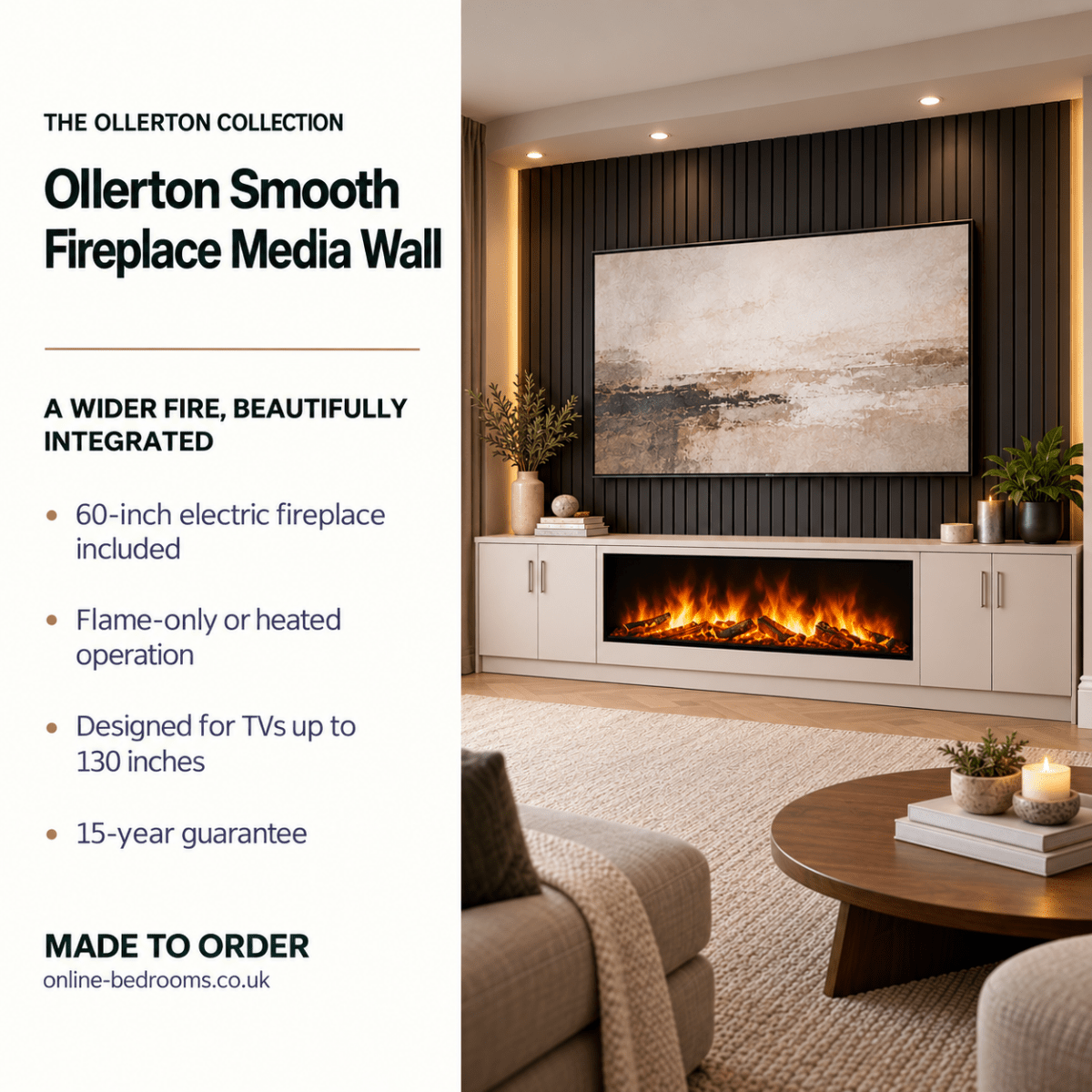 Ollerton Smooth Fireplace Media Wall Unit - Large 60" Fire 2 - Online Bedrooms