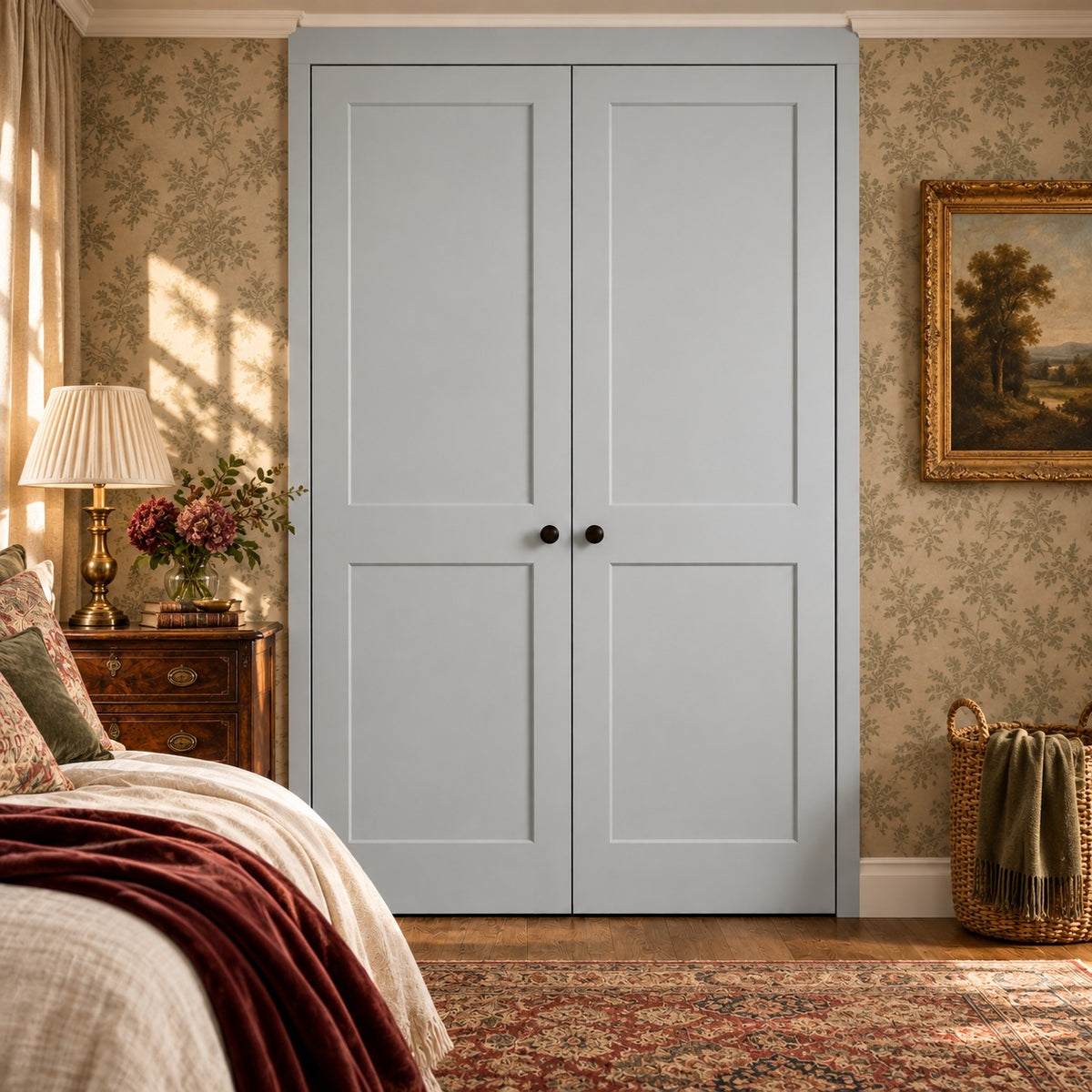 Light Grey matt two-panel Shaker fitted wardrobes in a vintage luxury English bedroom with antique furniture and layered textiles