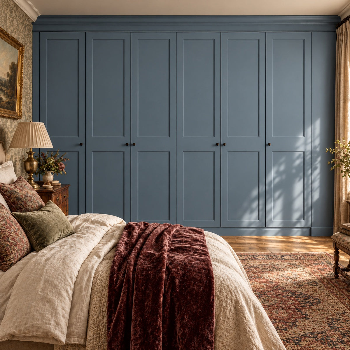 Harbour Blue matt two-panel Shaker fitted wardrobes in a vintage luxury English bedroom with antique furniture and layered textiles