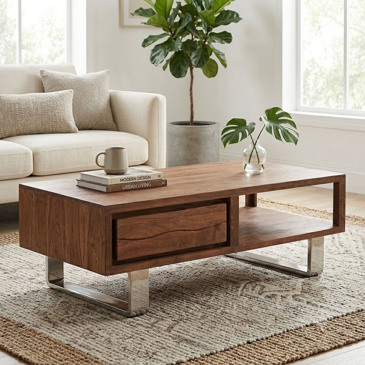 Simla Acacia Wood Coffee Table with Drawer 1 - Online Bedrooms