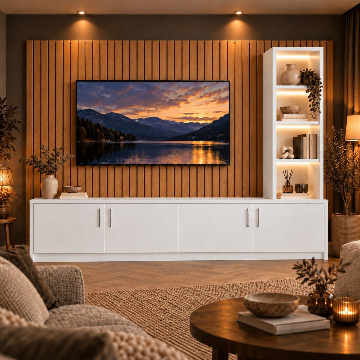 Single-bookcase media wall with warm white LED strip lighting