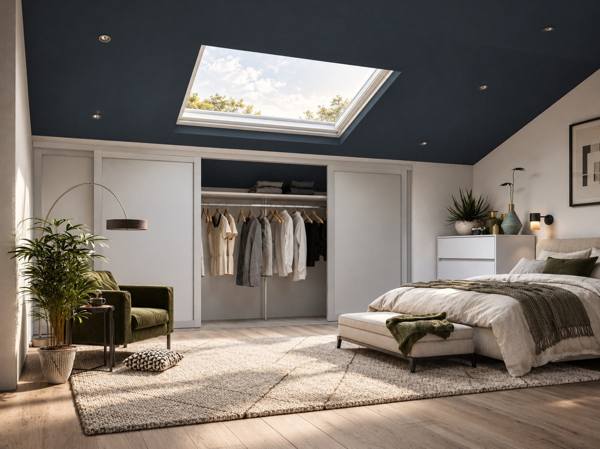 Luxury bedroom with matt white sliding wardrobes and hanging storage
