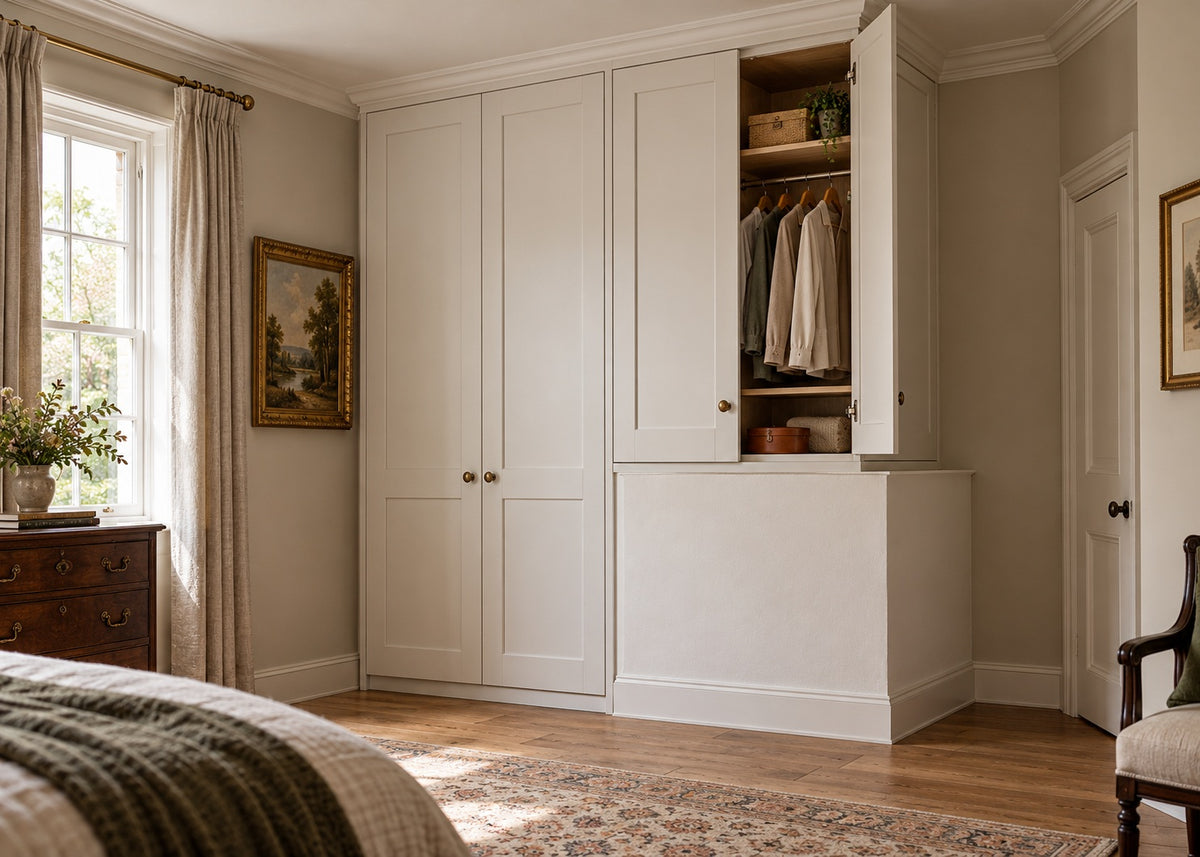 Matt white Shaker wardrobes fitted over a visible stair bulkhead, with raised storage open to show the interior