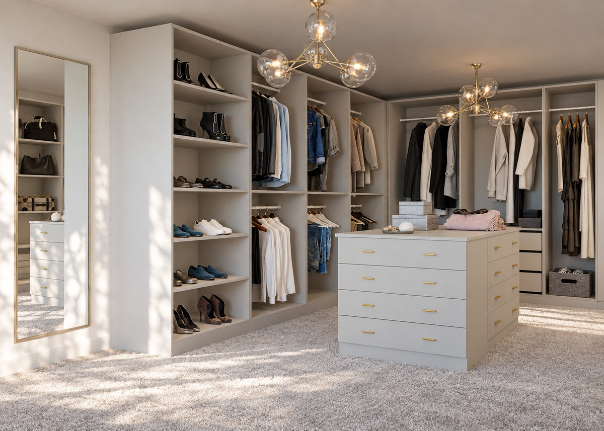 Luxury matt light grey walk-in wardrobe with open storage and drawer island in natural daylight