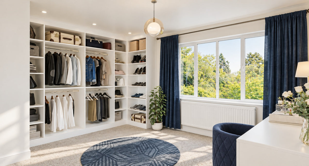 White made-to-measure walk-in wardrobe in a dressing room with navy curtains