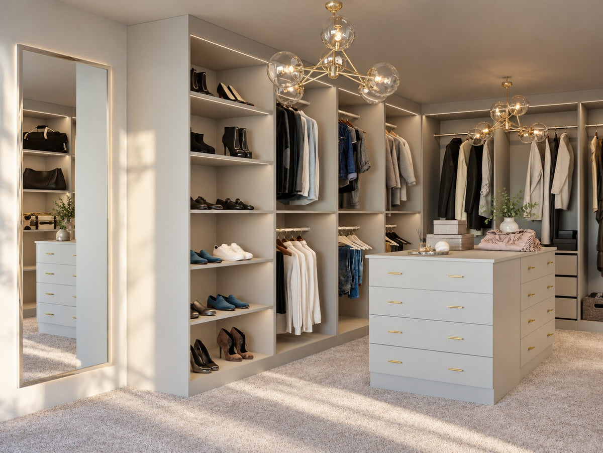 Matt light grey walk-in wardrobe with open shelving and central drawer island