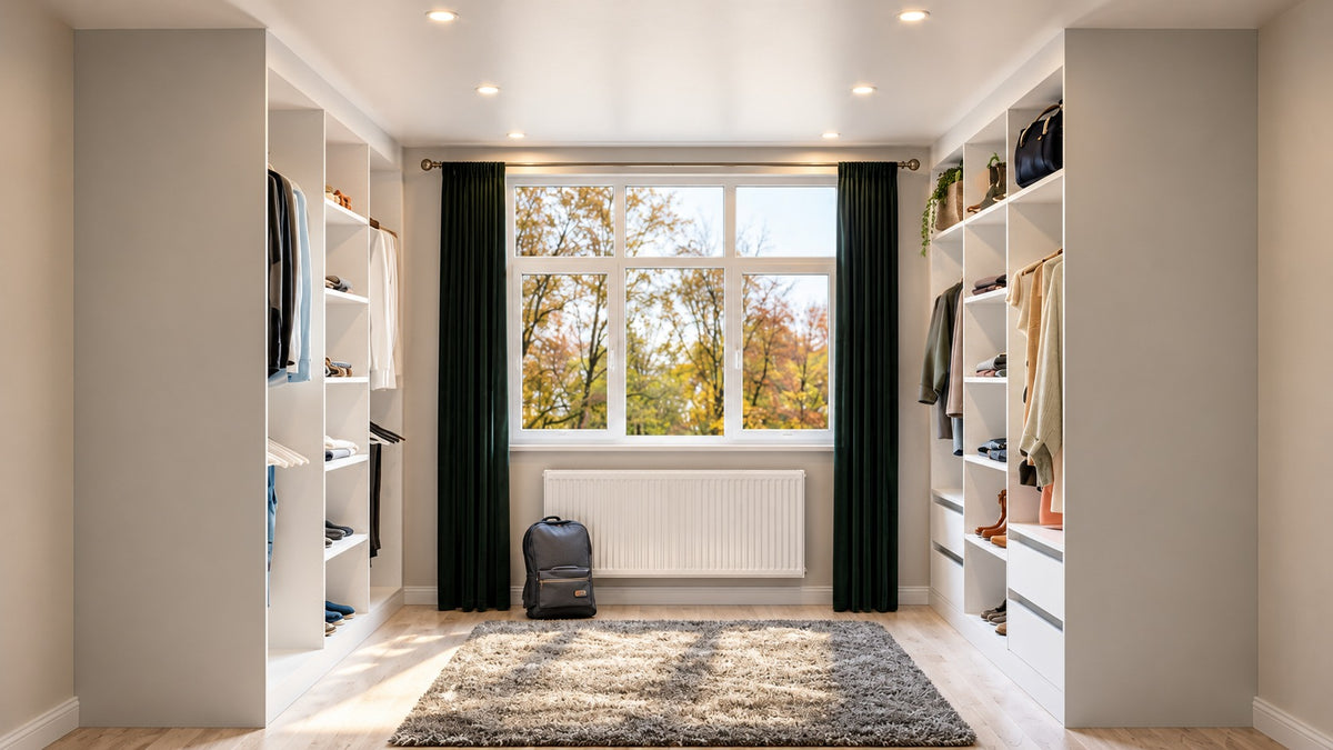 White open walk-in wardrobe cabinetry with shelves, rails and drawers