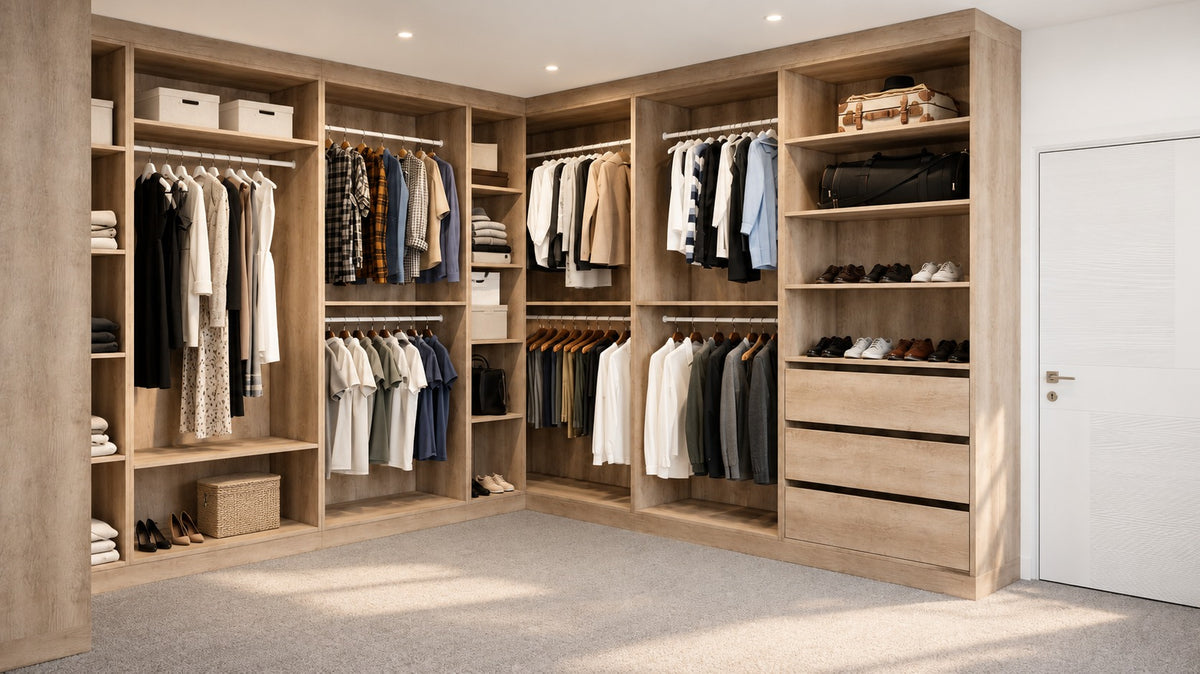 Wood-effect corner walk-in wardrobe with hanging rails, shelves and drawers