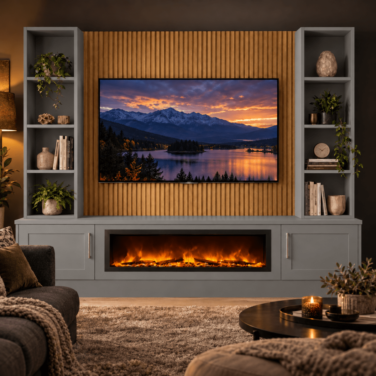 Wollaton Shaker Fireplace Media Wall Double Bookcase Unit - 40" Fire 5 - Online Bedrooms