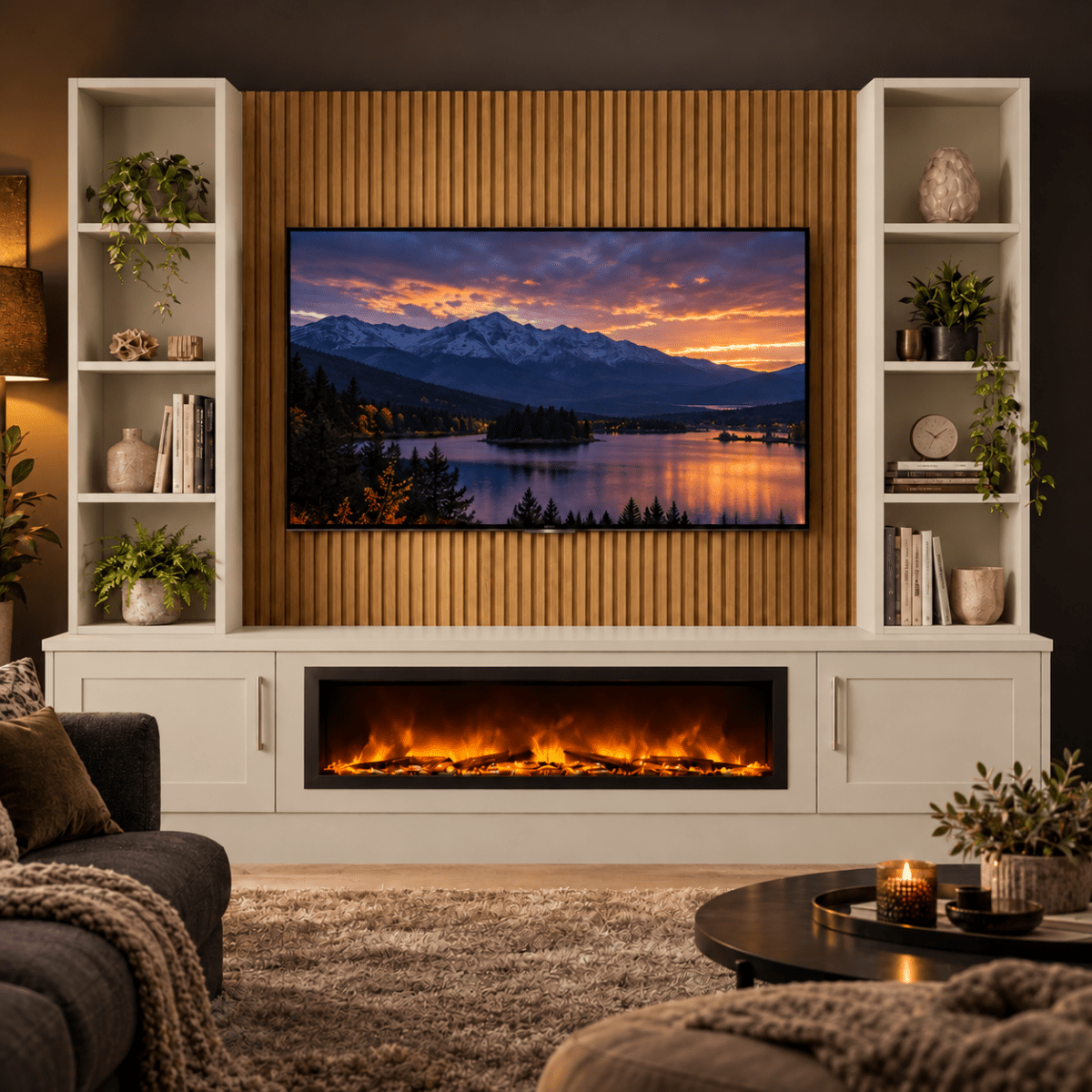 Wollaton Shaker Fireplace Media Wall Double Bookcase Unit - 40" Fire 2 - Online Bedrooms