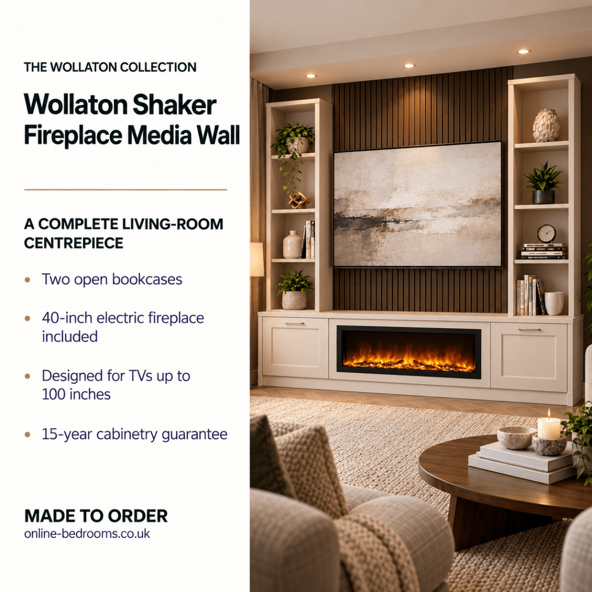 Wollaton Shaker Fireplace Media Wall Double Bookcase Unit - 40" Fire 2 - Online Bedrooms