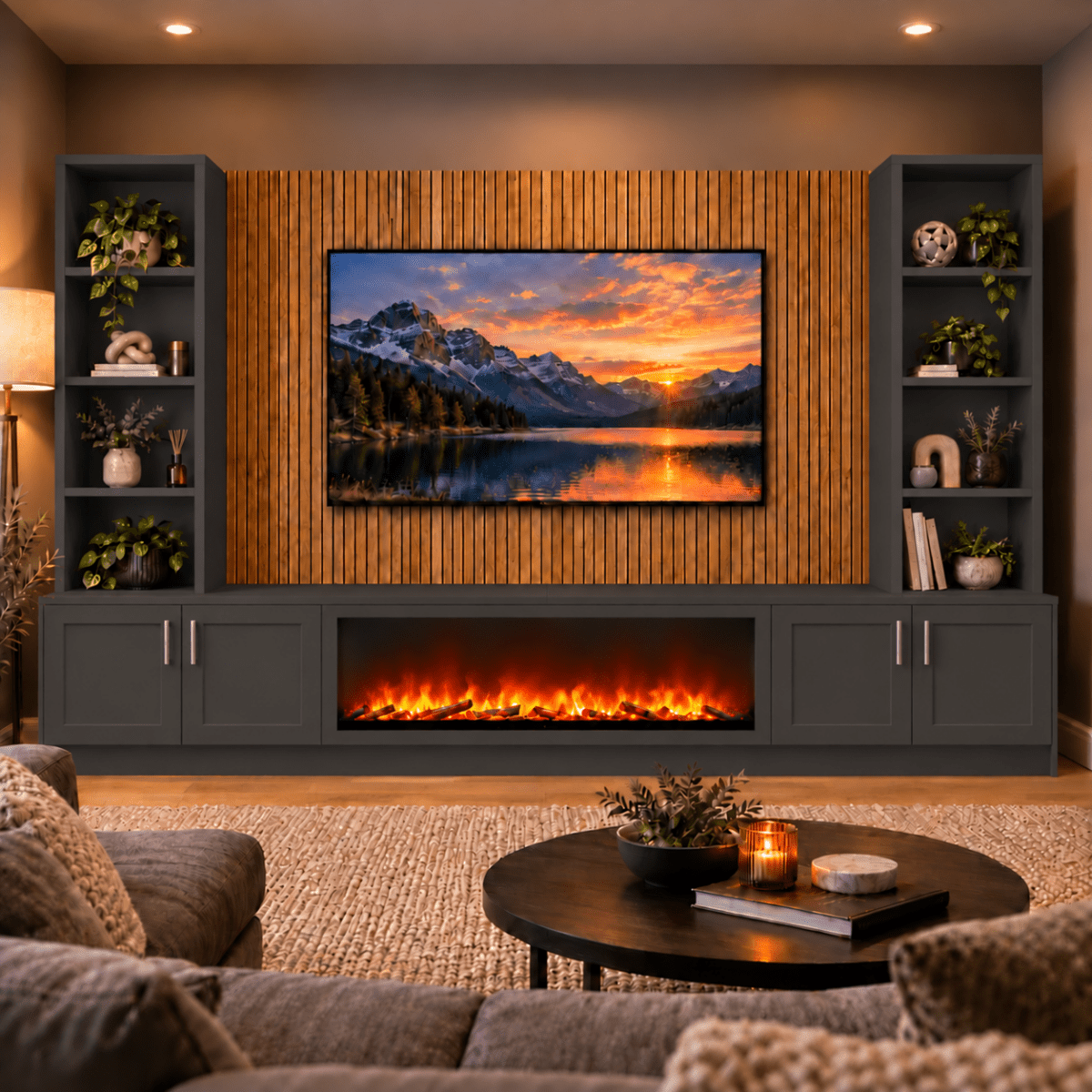 Wollaton Shaker Fireplace Media Wall Double Bookcase Unit - Large 60" Fire 15 - Online Bedrooms