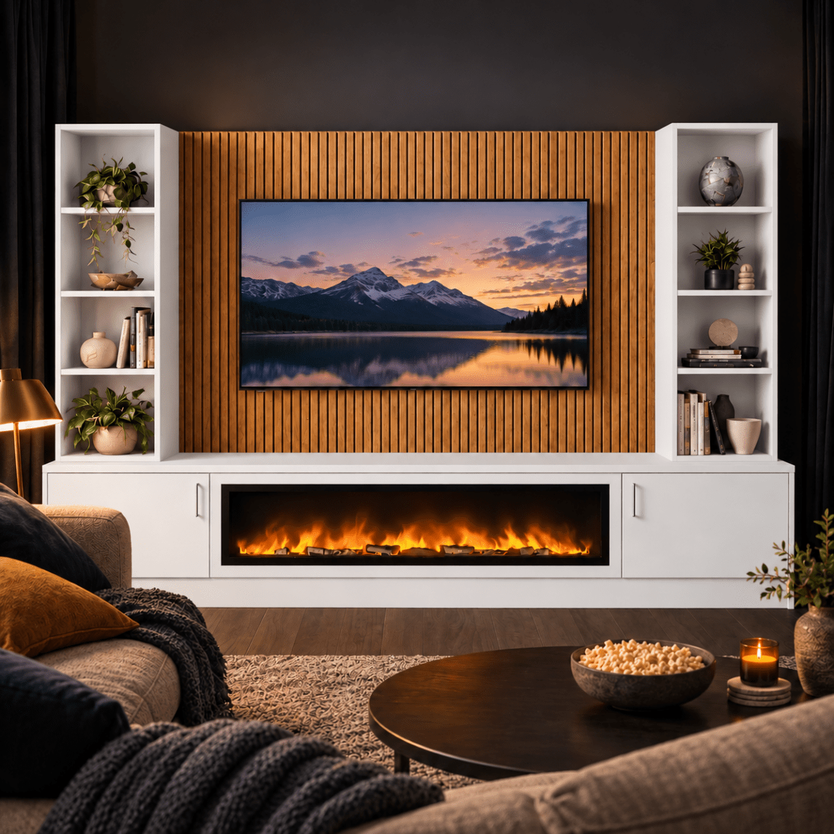 Wollaton Smooth Fireplace Media Wall Double Bookcase Unit - 40" Fire 5 - Online Bedrooms