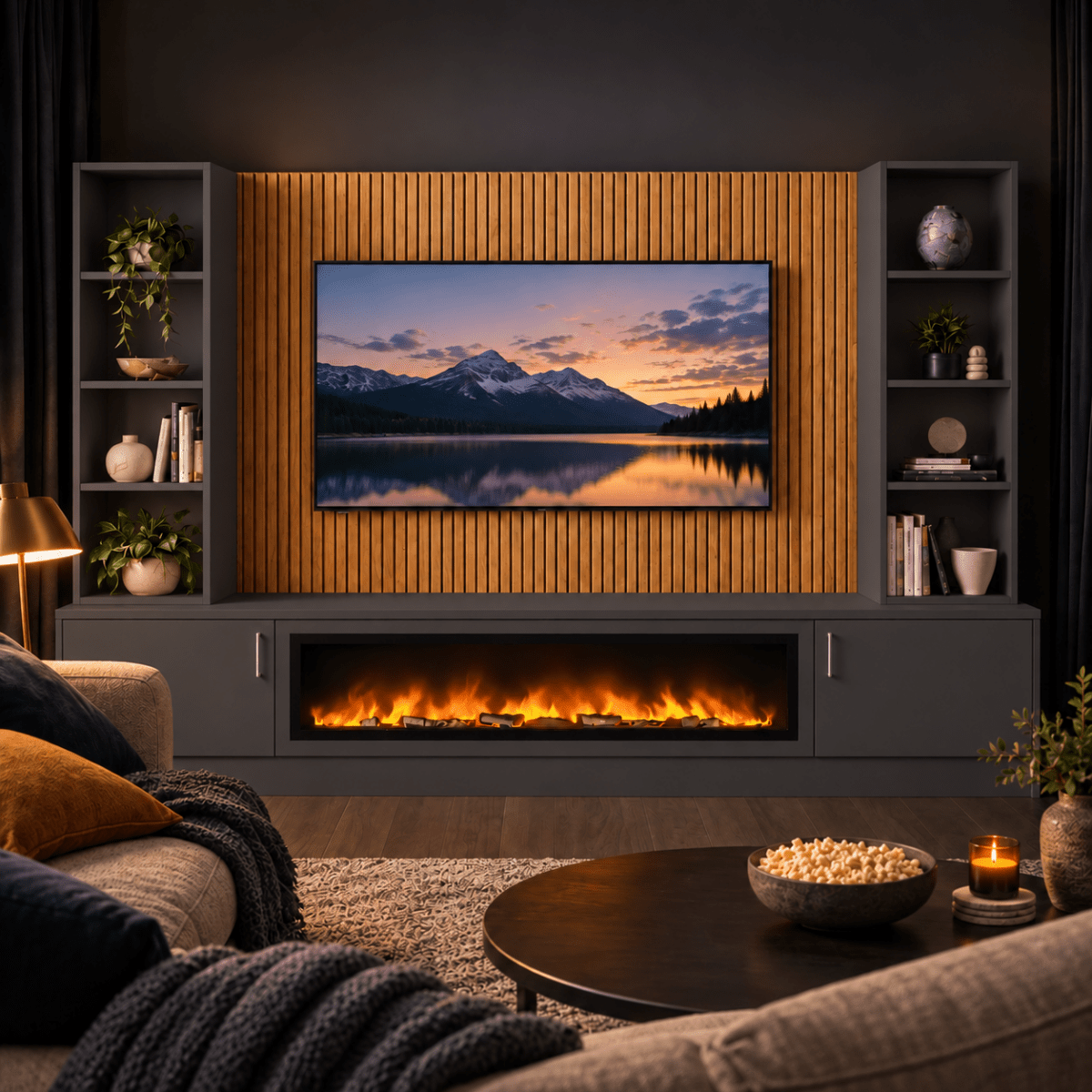 Wollaton Smooth Fireplace Media Wall Double Bookcase Unit - 40" Fire 2 - Online Bedrooms