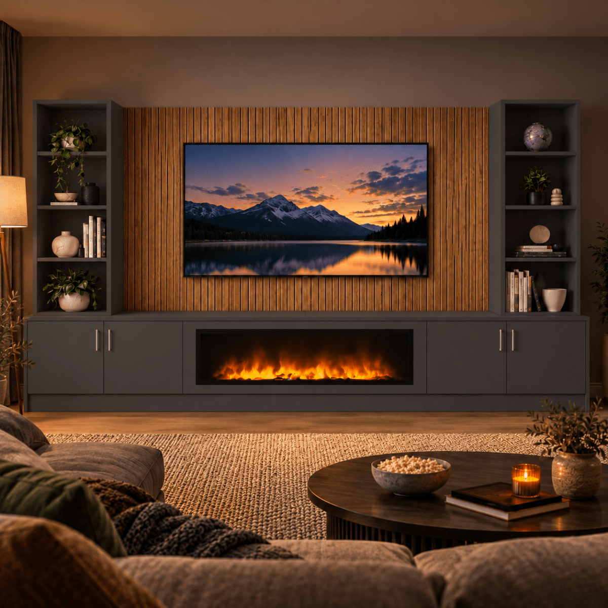Wollaton Smooth Fireplace Media Wall Double Bookcase Unit - 40" Fire 9 - Online Bedrooms