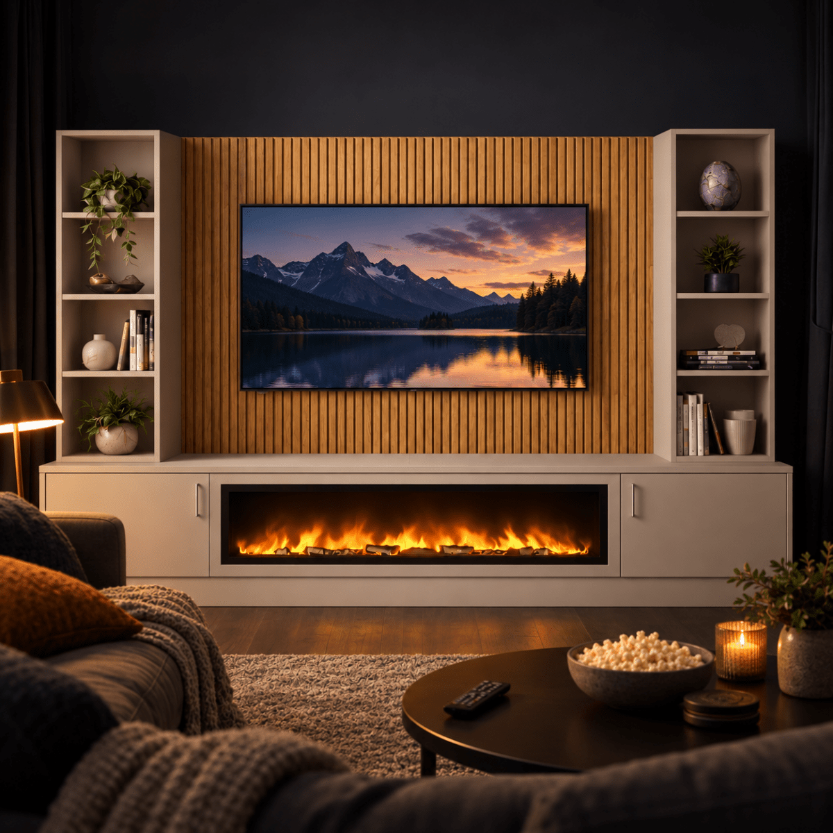 Wollaton Smooth Fireplace Media Wall Double Bookcase Unit - 40" Fire 22 - Online Bedrooms