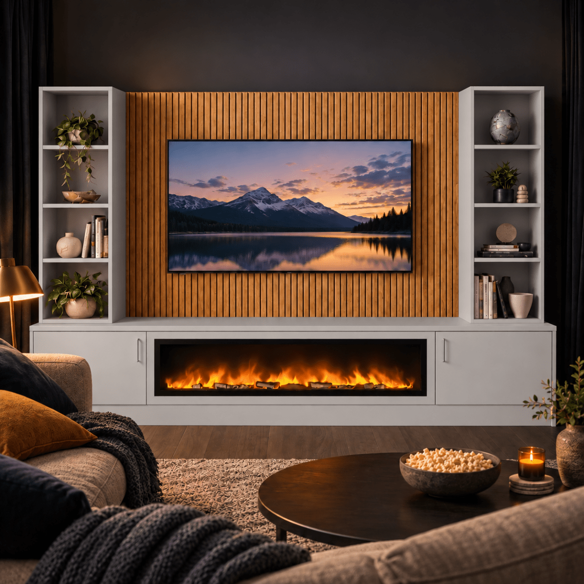 Wollaton Smooth Fireplace Media Wall Double Bookcase Unit - 40" Fire 3 - Online Bedrooms