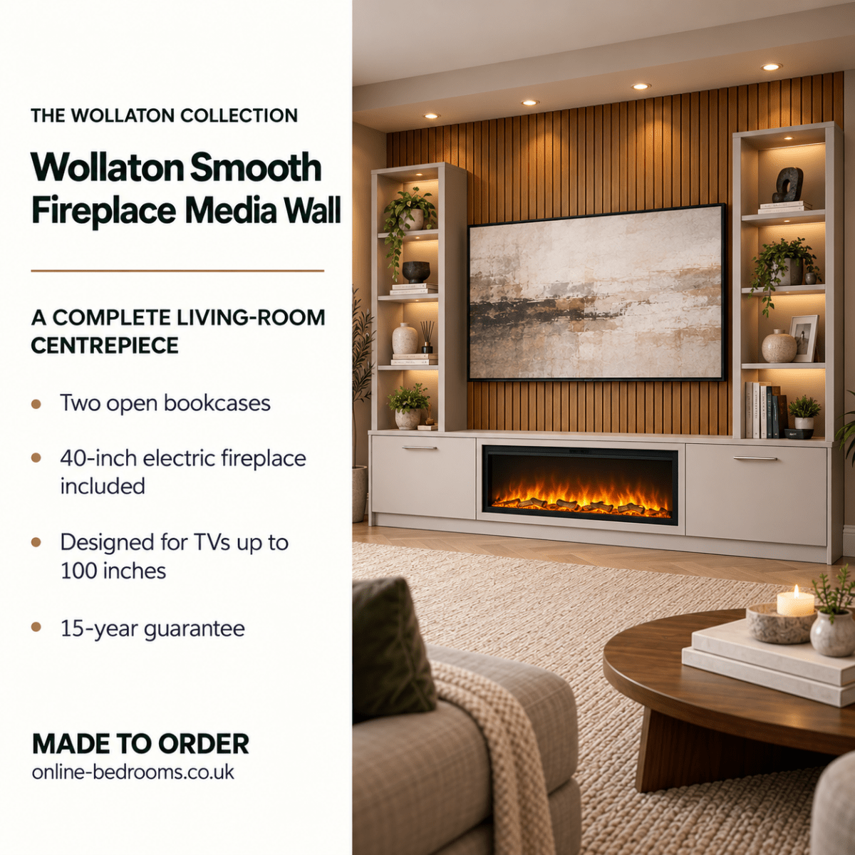 Wollaton Smooth Fireplace Media Wall Double Bookcase Unit - 40" Fire 2 - Online Bedrooms