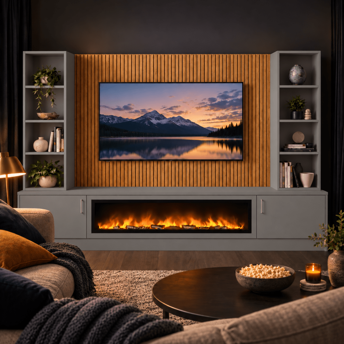 Wollaton Smooth Fireplace Media Wall Double Bookcase Unit - 40" Fire 4 - Online Bedrooms