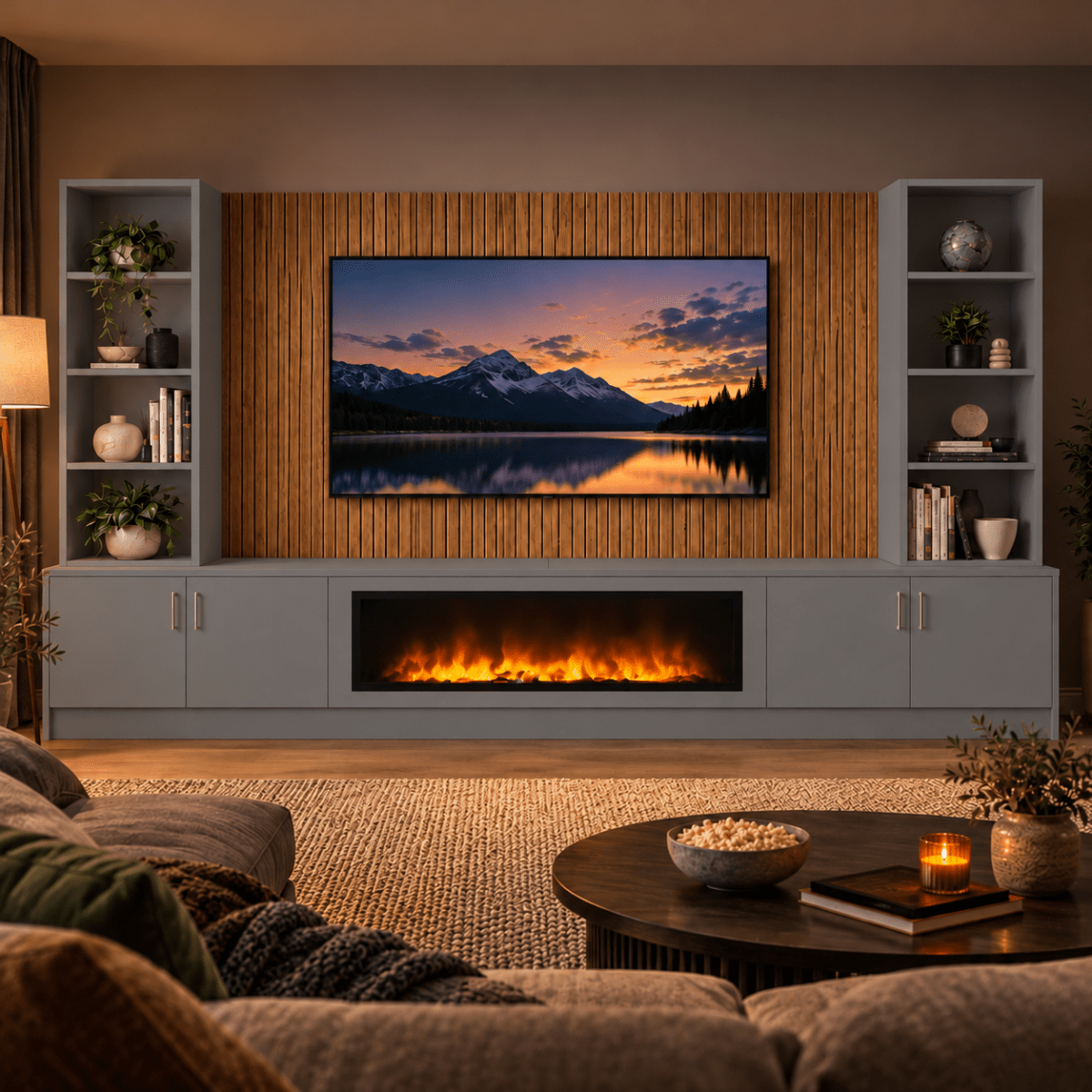 Wollaton Smooth Fireplace Media Wall Double Bookcase Unit - 40" Fire 11 - Online Bedrooms