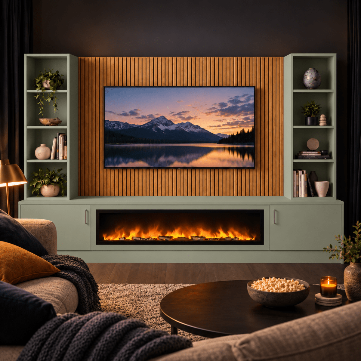 Wollaton Smooth Fireplace Media Wall Double Bookcase Unit - 40" Fire 6 - Online Bedrooms