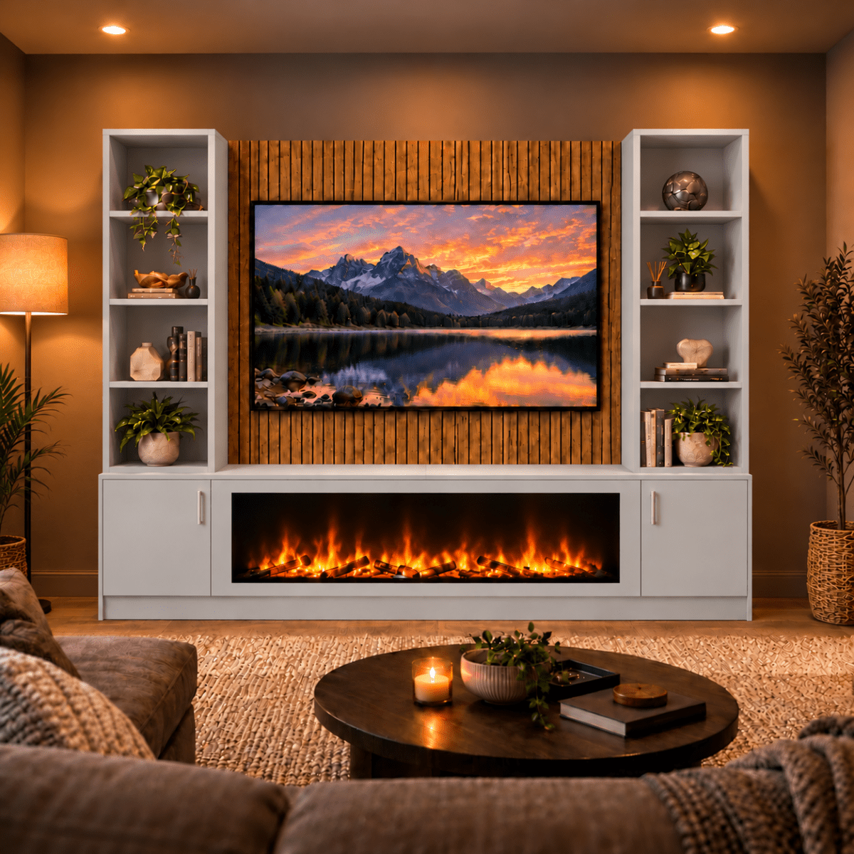 Wollaton Smooth Fireplace Media Wall Double Bookcase Unit - Large 60" Fire 3 - Online Bedrooms