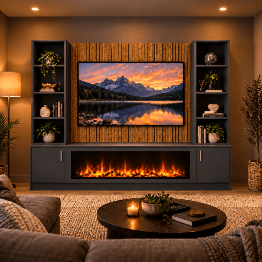Wollaton Smooth Fireplace Media Wall Double Bookcase Unit - Large 60" Fire 1 - Online Bedrooms