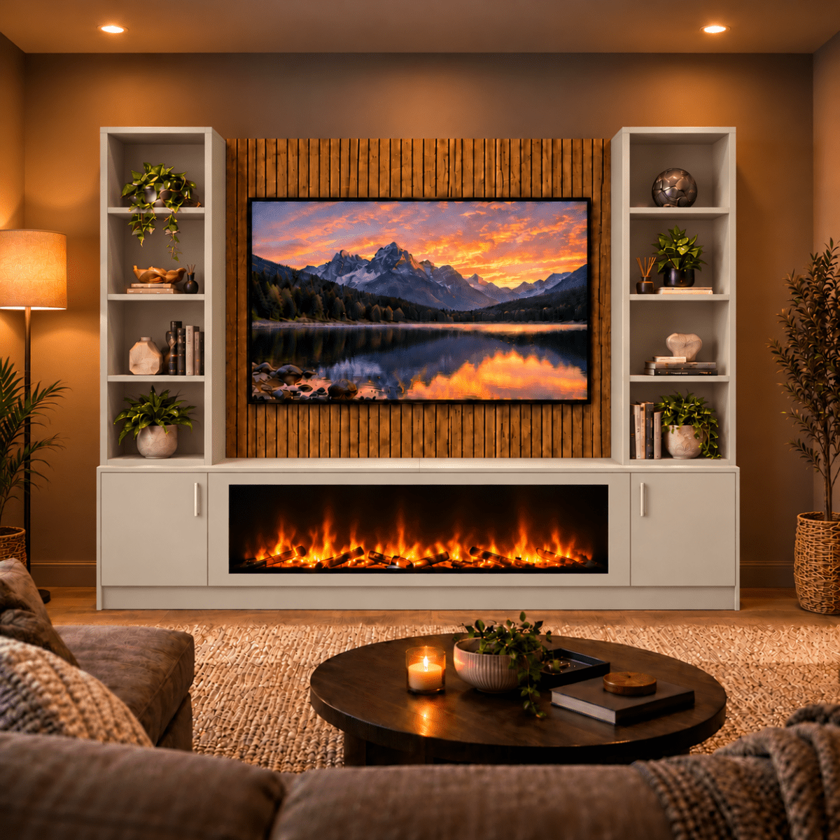 Wollaton Smooth Fireplace Media Wall Double Bookcase Unit - Large 60" Fire 2 - Online Bedrooms