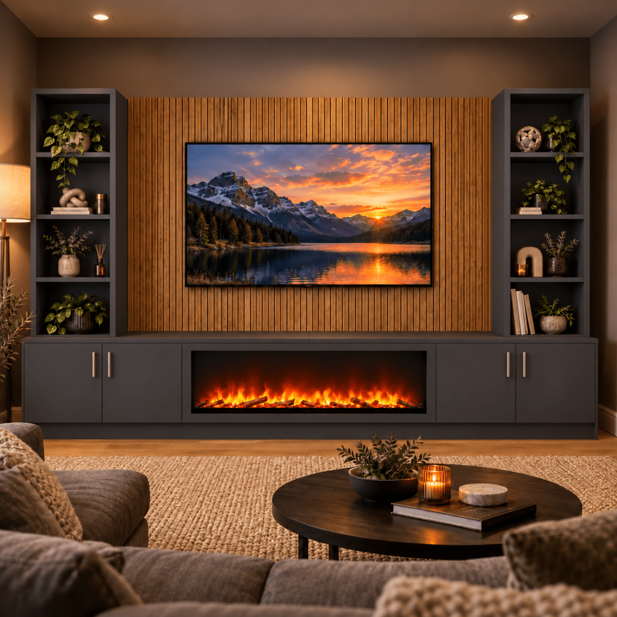 Wollaton Smooth Fireplace Media Wall Double Bookcase Unit - Large 60" Fire 15 - Online Bedrooms